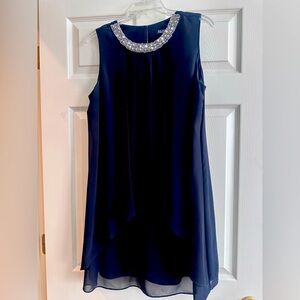 SLNY Navy Blue Mini Dress with Silver Embellished Neckline